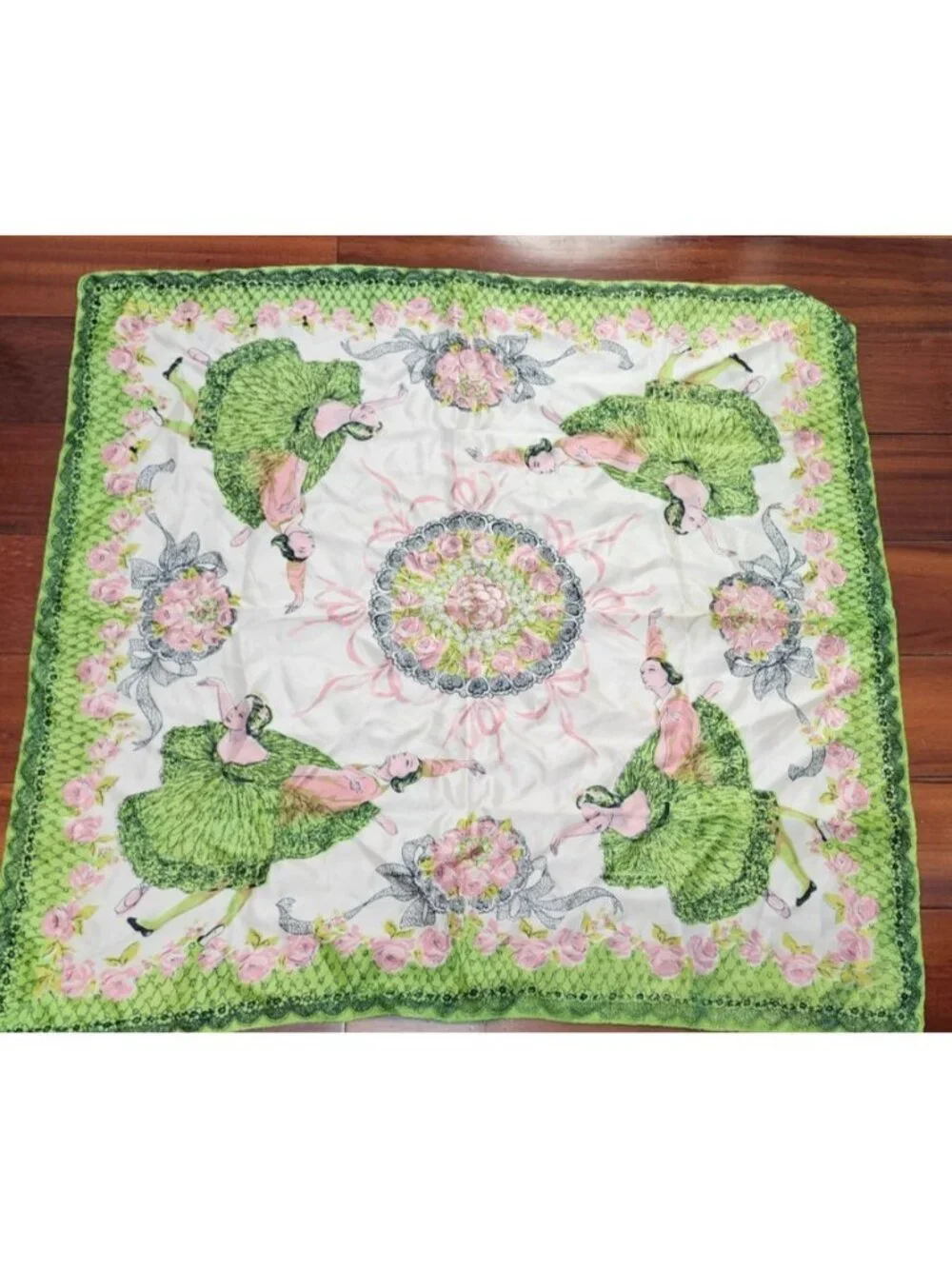 Vintage Silk Scarf Green Pink Floral Ladies Novelty Print Large Square 33x34''